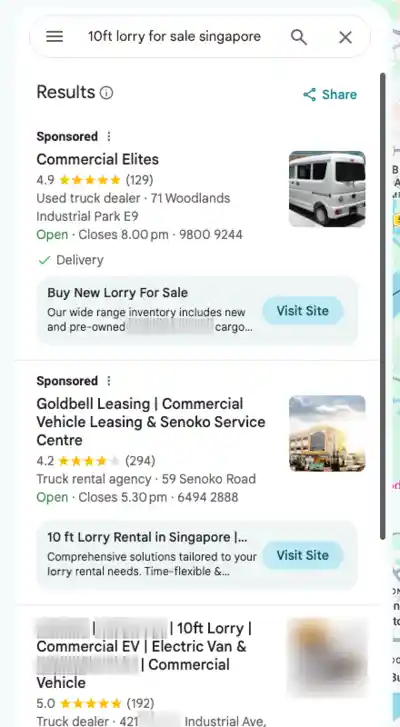 Google Maps search for 10ft lorry for sale Singapore: client is the first organic result below two sponsored ads