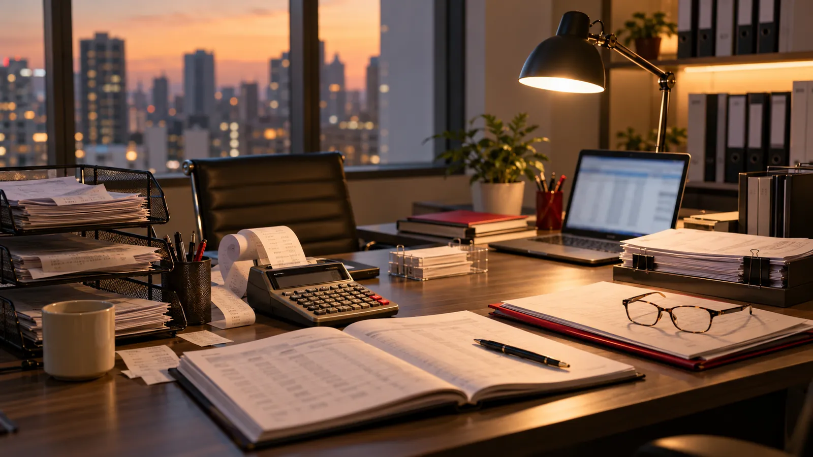 Illustration: An accounting desk with a ledger, printing calculator and receipt trays in a Singapore office.