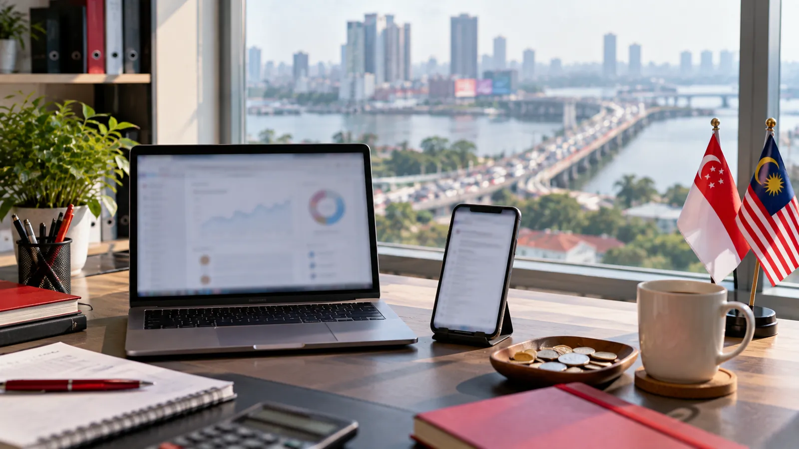 Illustration: A Johor Bahru office desk with Singapore and Malaysian coins and a view of the causeway.