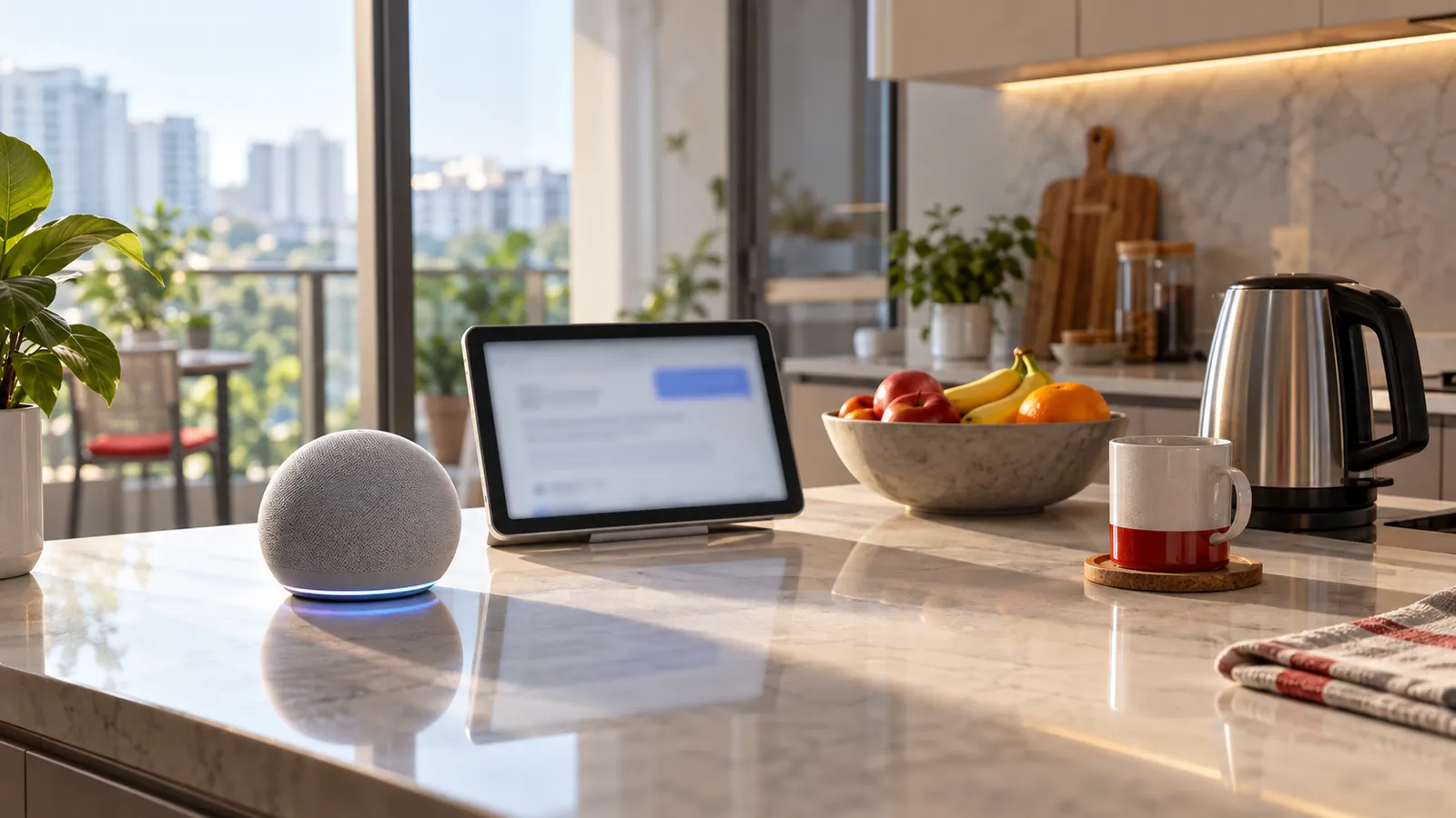 Illustration: A smart speaker and tablet showing an answer box on a condo kitchen counter.
