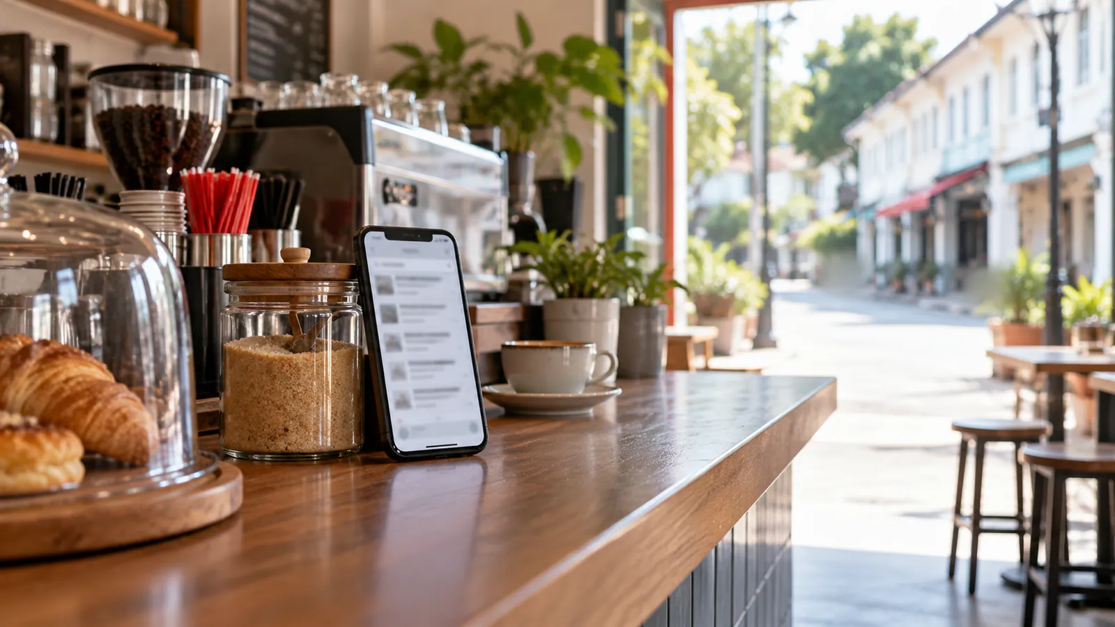 Illustration: A phone on a café counter showing an AI chat answer that lists local businesses.