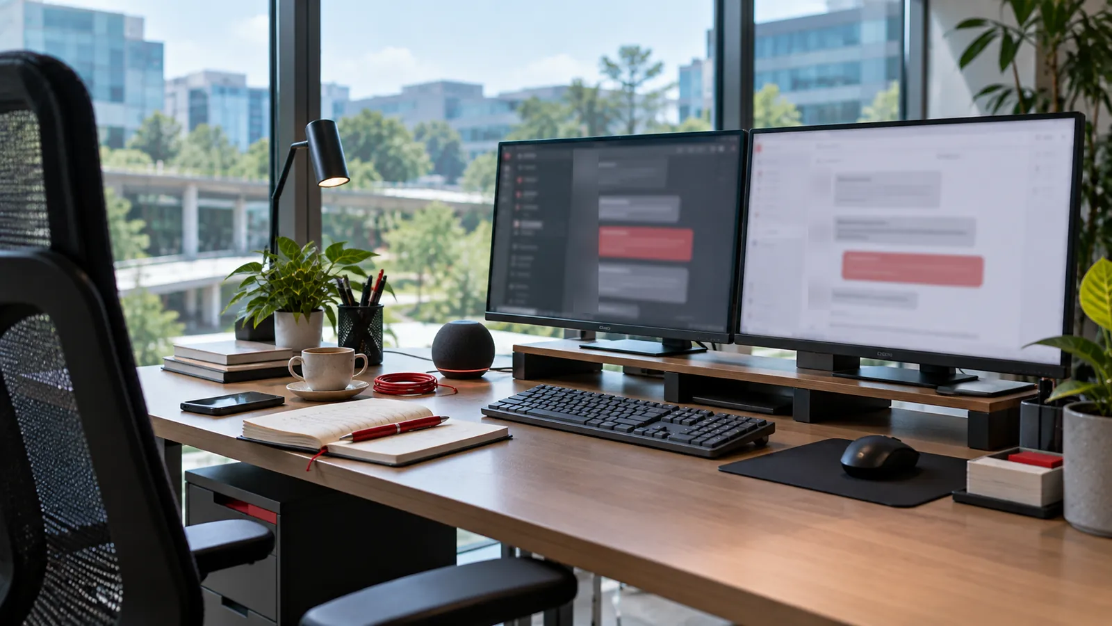 Illustration: A studio desk with two monitors showing AI answer panels and a smart speaker, representing AI SEO work.