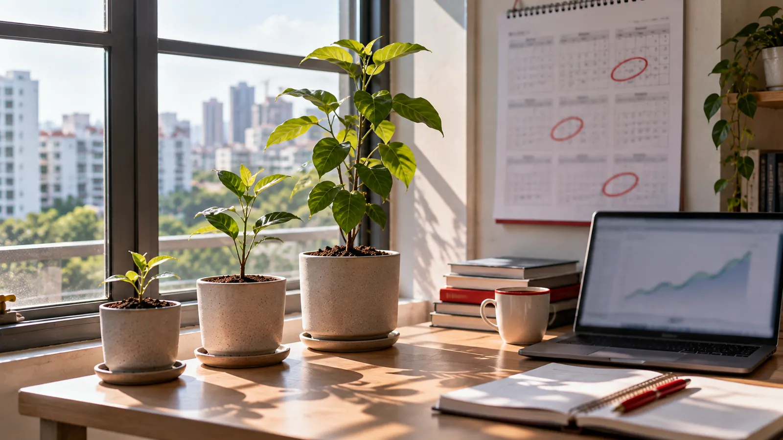 Illustration: Three seedlings growing taller in a row beside a calendar, suggesting the staged timeline of AI SEO results.