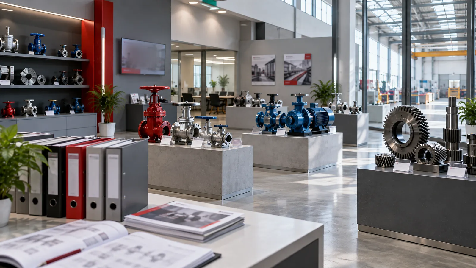 Illustration: An industrial showroom in Jurong displaying valves, gears and pumps with catalogue binders.