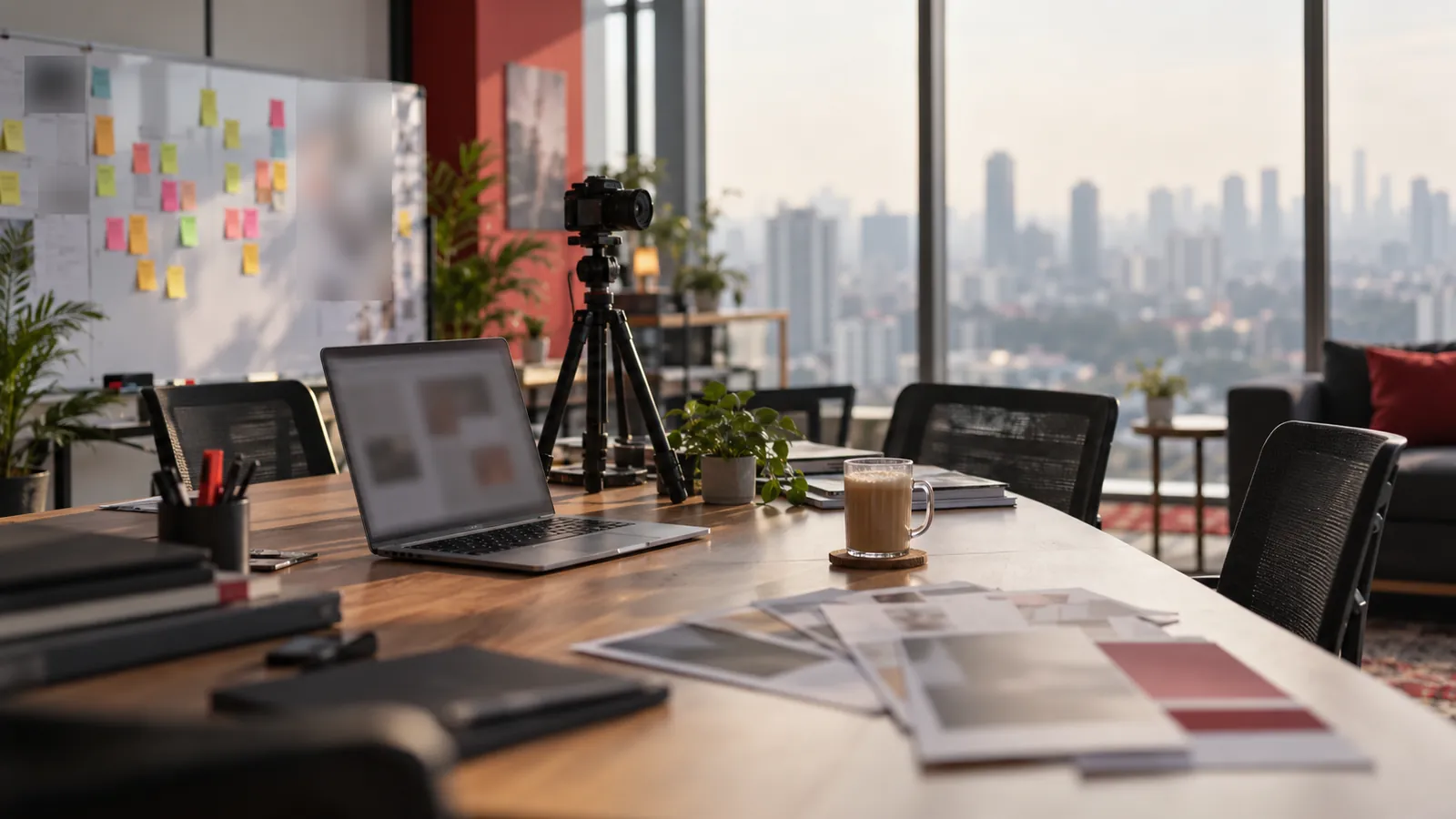 Illustration: A Kuala Lumpur agency workroom with a sticky-note whiteboard, camera tripod and laptop on a shared table.