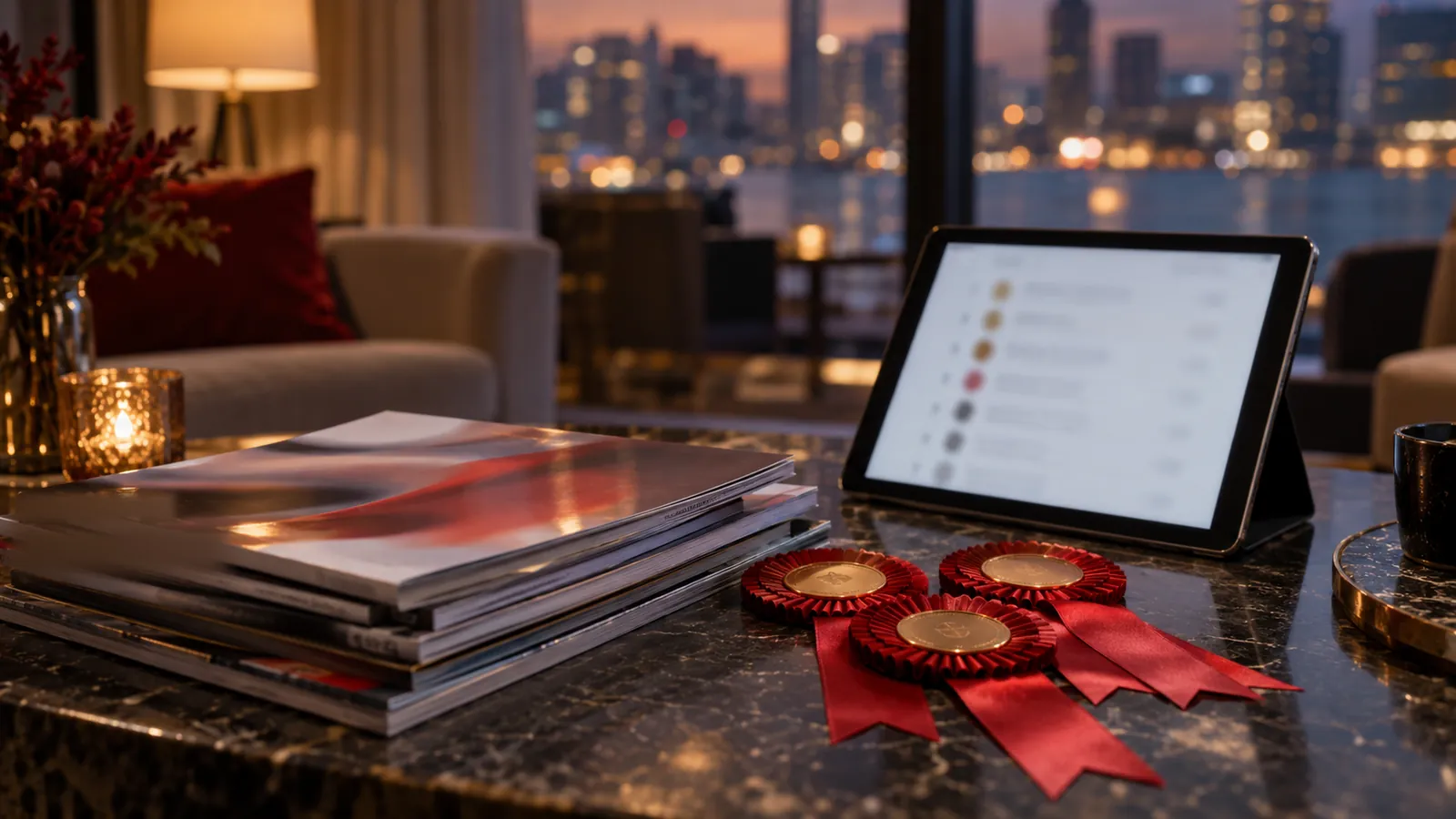 Illustration: Lifestyle magazines, award ribbons and a tablet with a ranked list, representing best-of lists in search results.