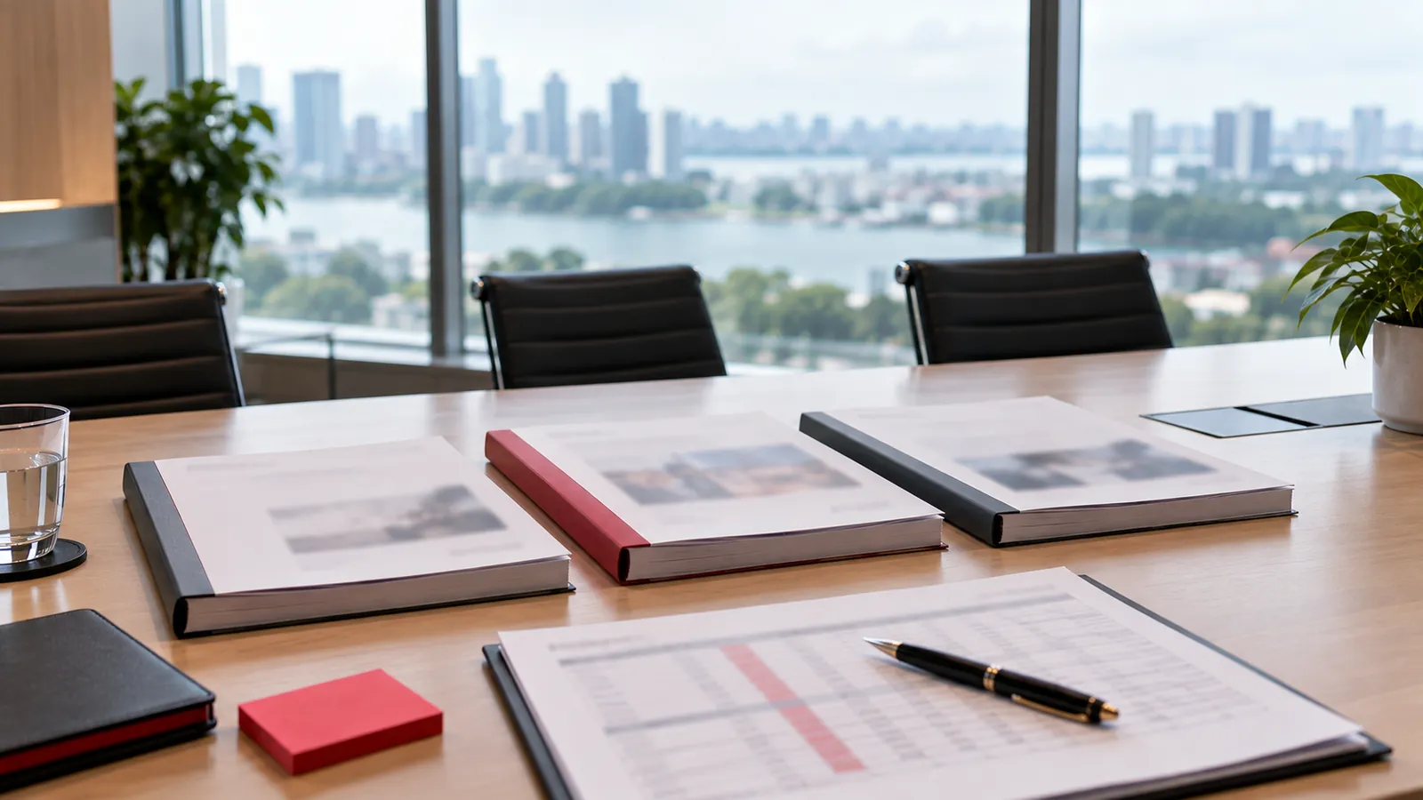Illustration: Three bound agency proposals side by side on a boardroom table, ready to compare SEO agencies in Singapore.