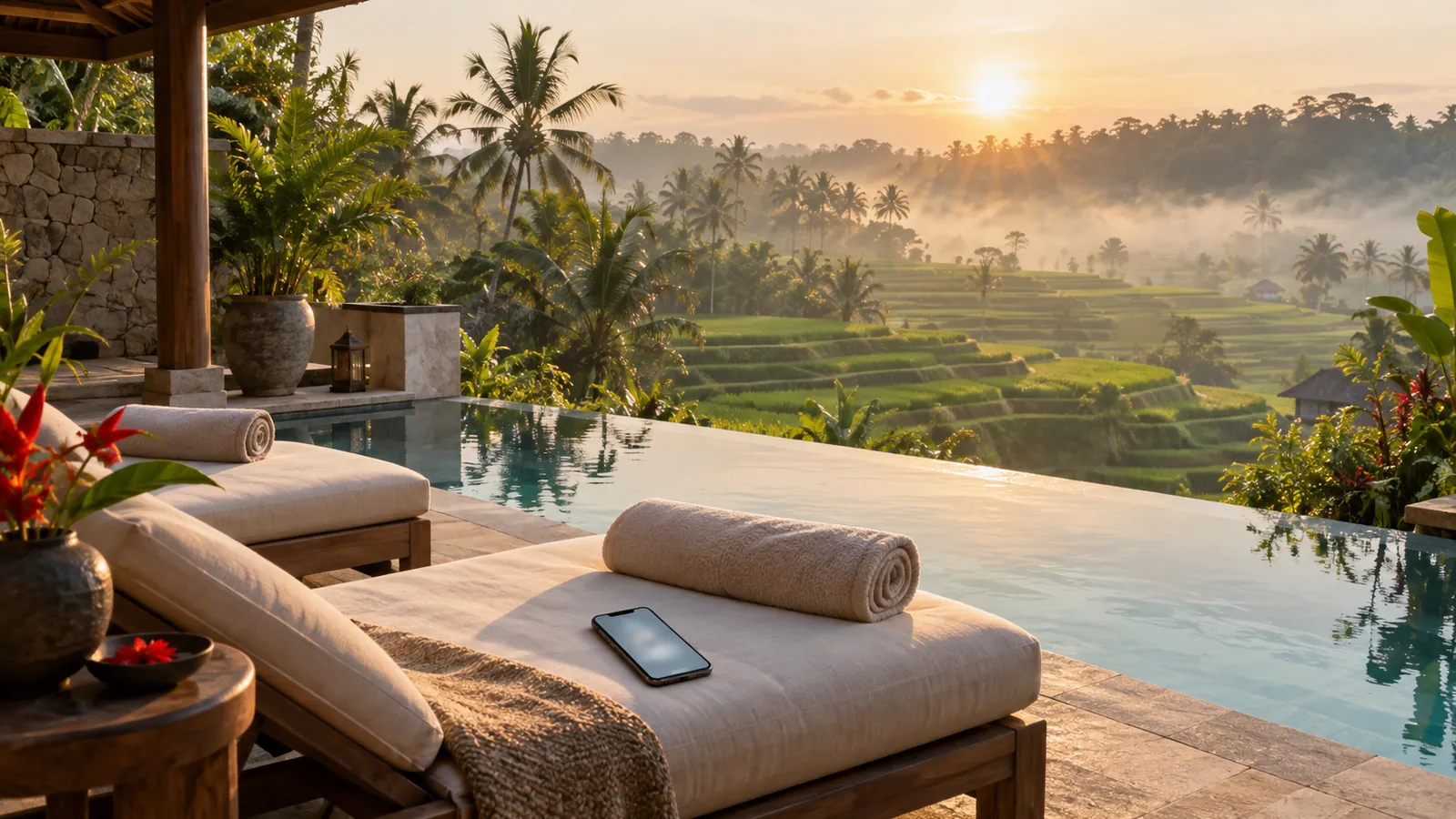 Ilustrasi: Teras vila di Ubud dengan kolam dan ponsel berisi jawaban chat AI, menghadap sawah terasering.
