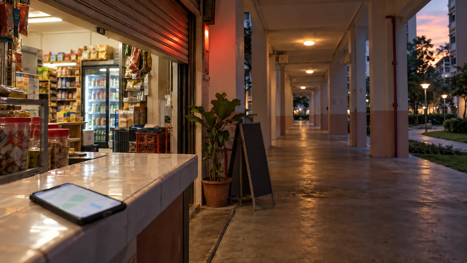 Illustration: An HDB void-deck shop at dusk with a phone on the counter showing a map where the business is missing.