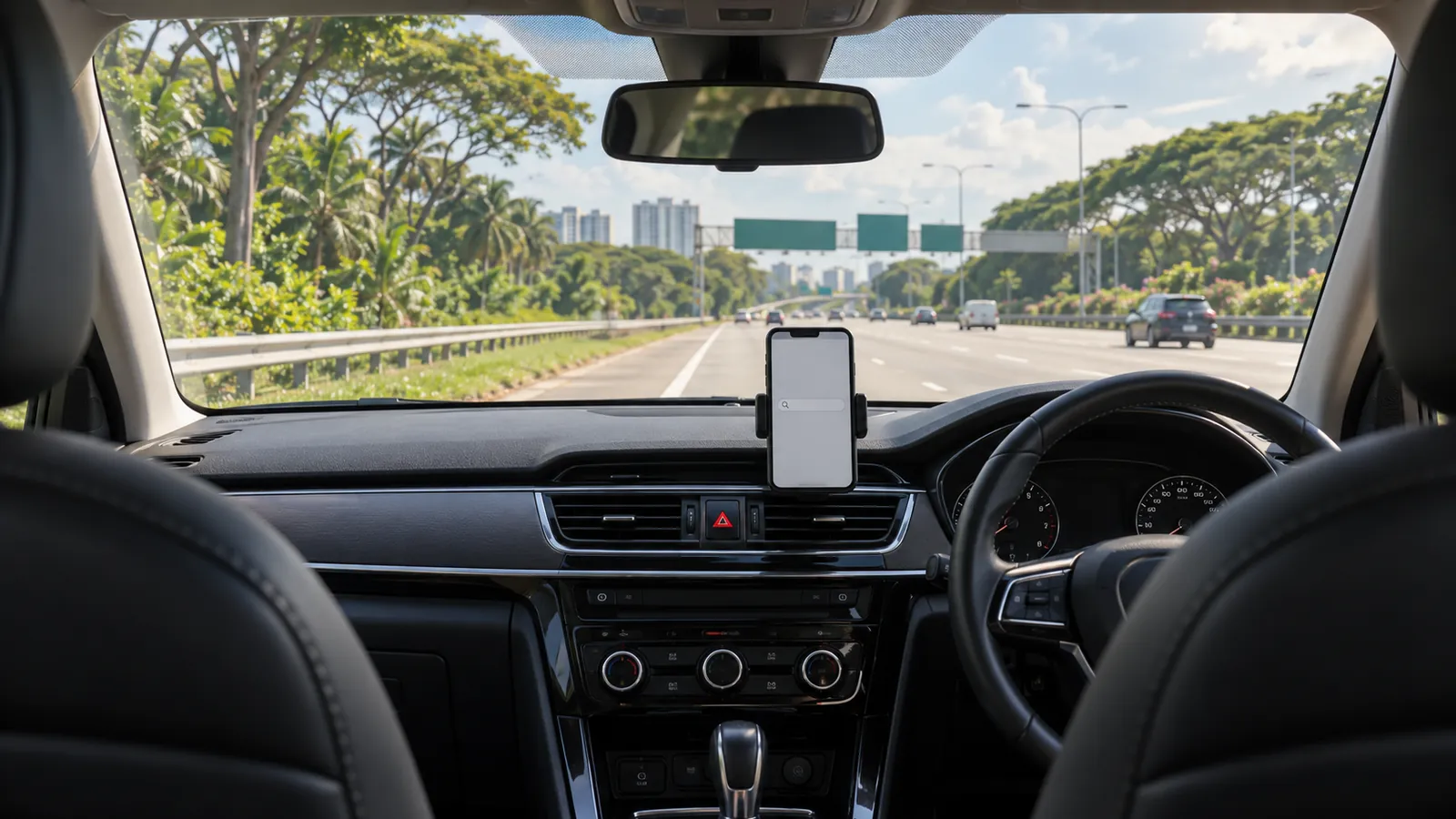 Illustration: A parked car's dashboard on a Singapore expressway shoulder, hazard light on and a phone open to a blank search bar.