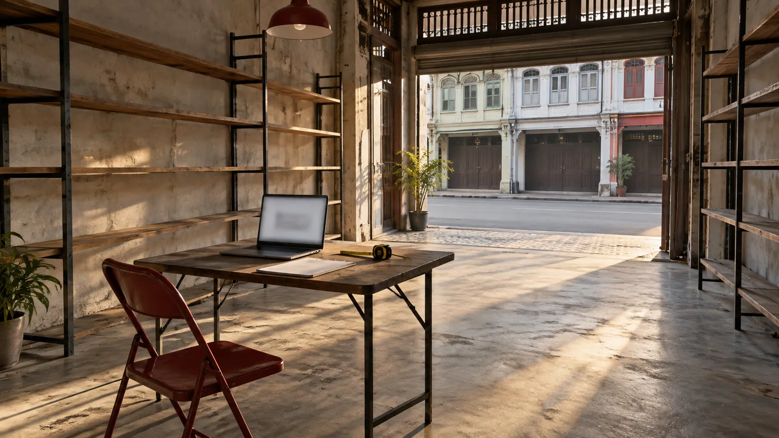 Illustration: An empty shophouse rental unit with a laptop and lease draft on a folding table before starting a business.