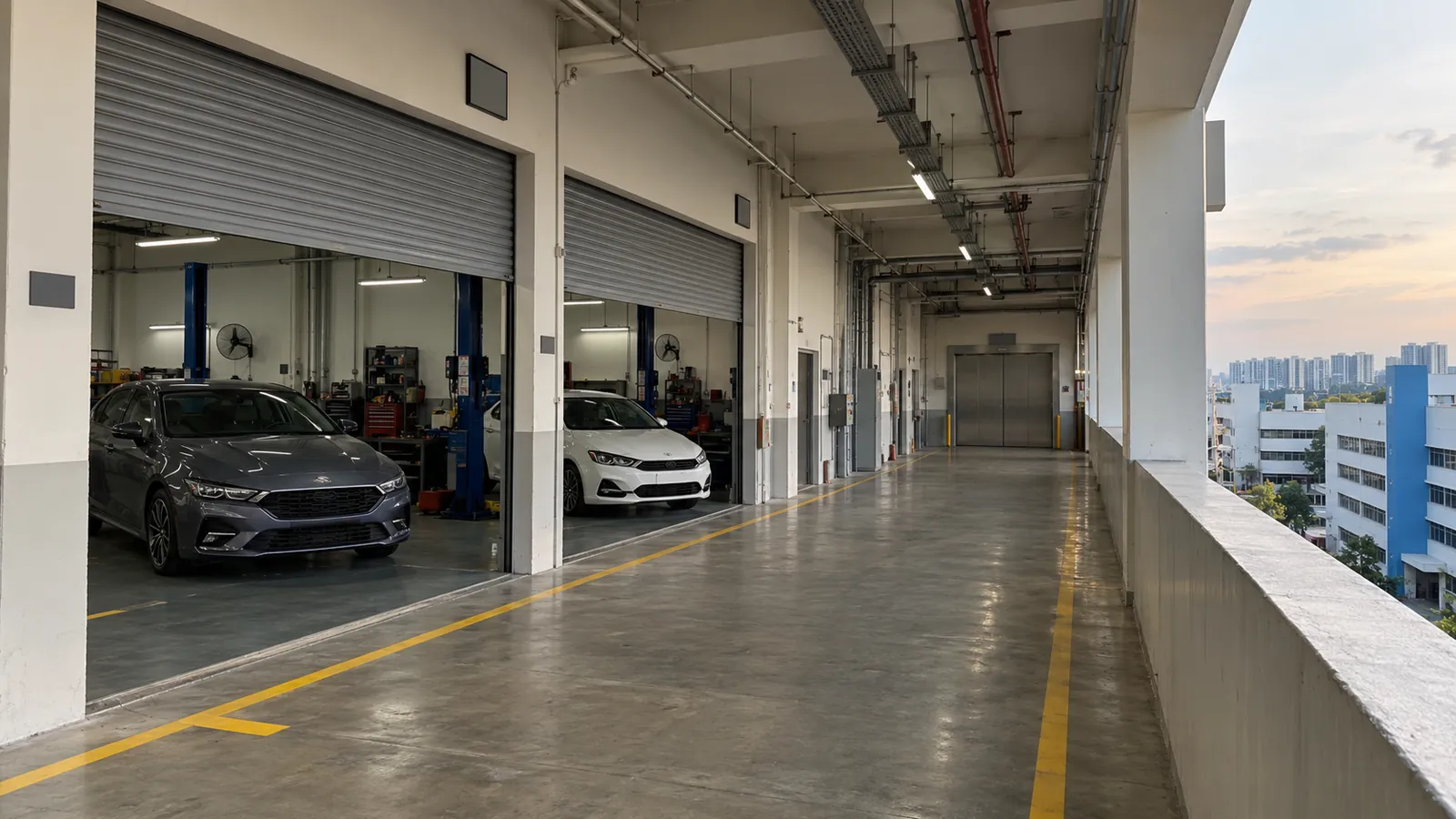 Illustration: Two neighbouring car workshop units side by side in the corridor of a Singapore industrial building.