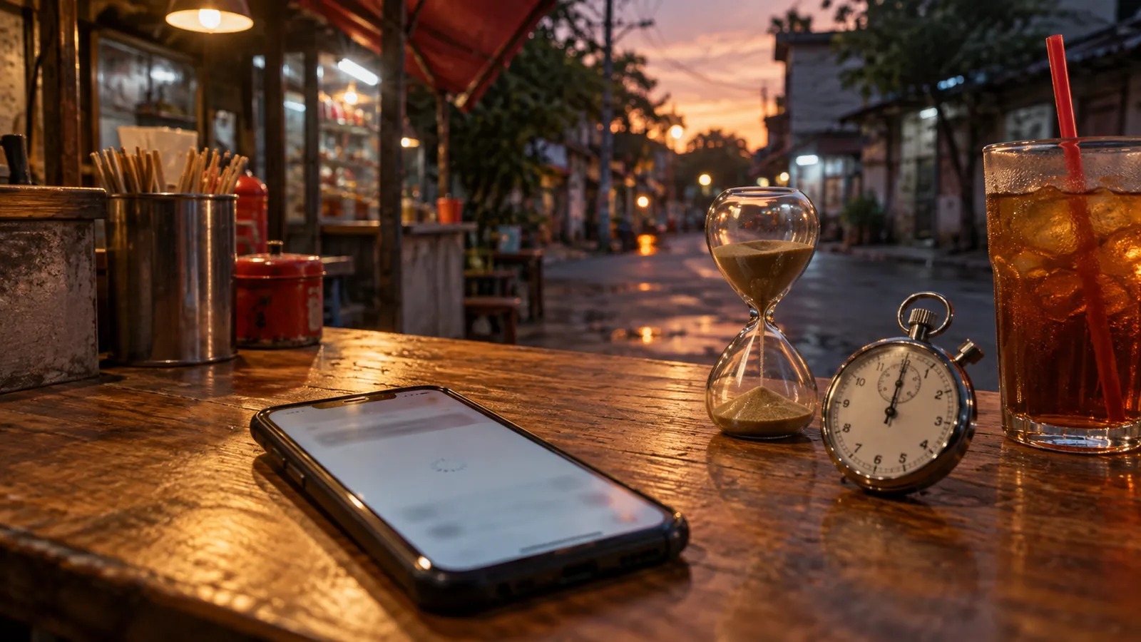 Ilustrasi: Ponsel yang memuat halaman di samping jam pasir dan stopwatch di meja warung.