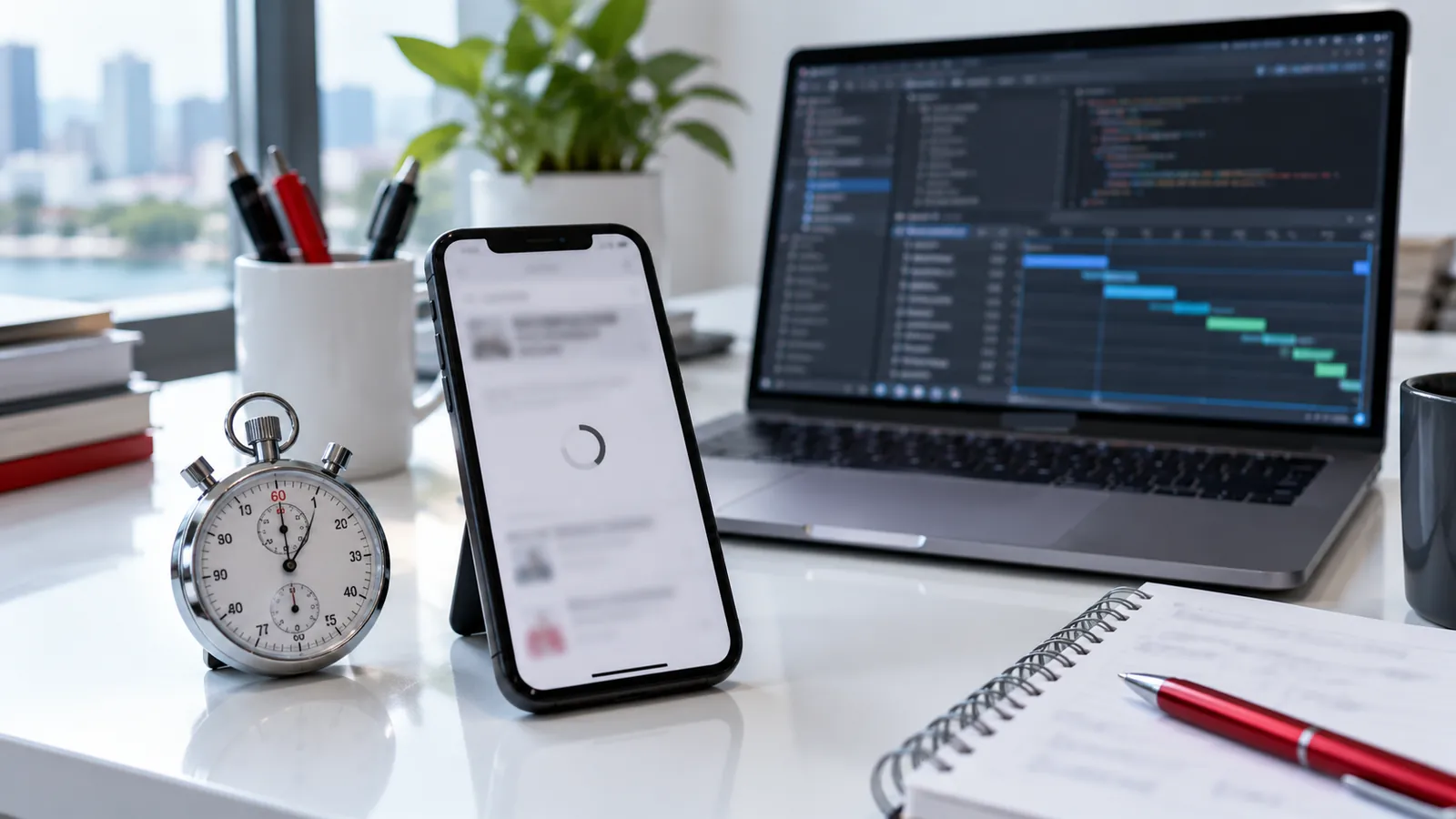 Illustration: A stopwatch beside a phone loading a web page, representing Core Web Vitals speed checks.