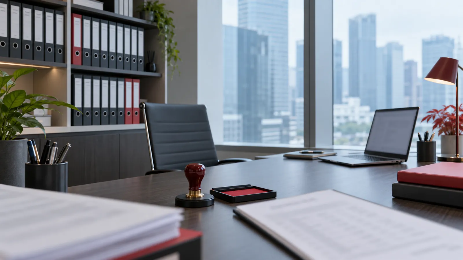 Illustration: A corporate secretarial office with company register binders, a company seal and a fee schedule.