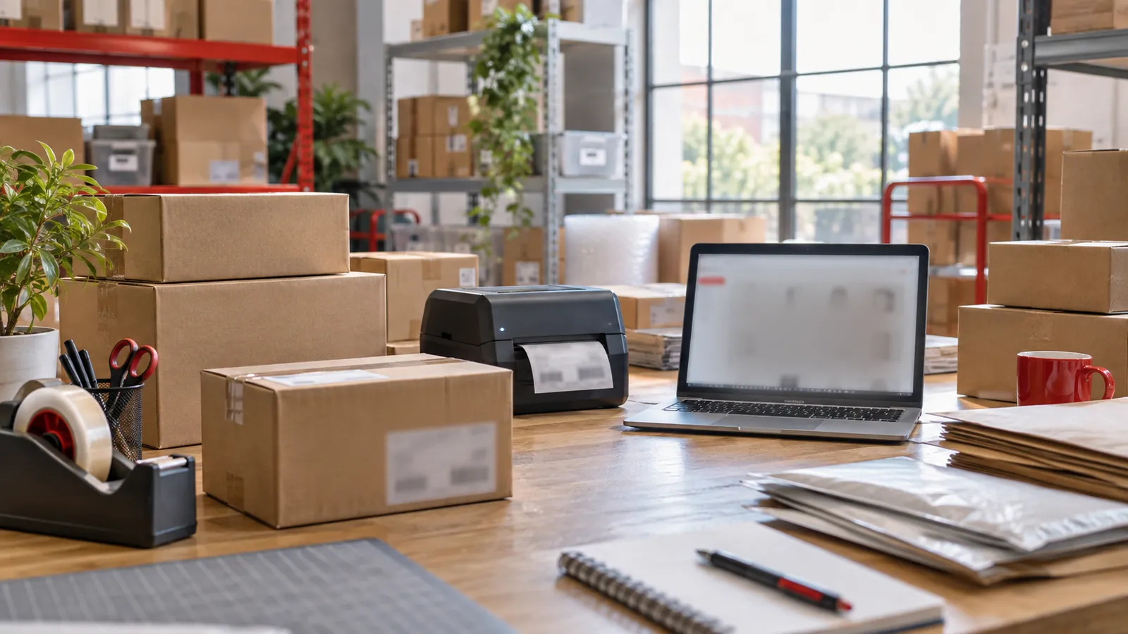 Illustration: An online shop packing station with parcels, tape dispenser and a laptop showing products.