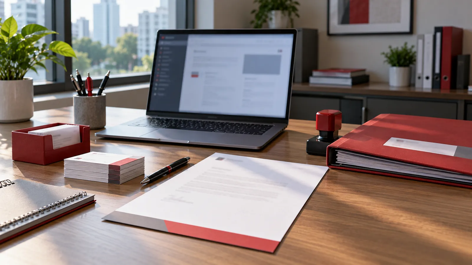 Illustration: A matching set of business cards, letterhead and stamp, representing consistent entity signals.