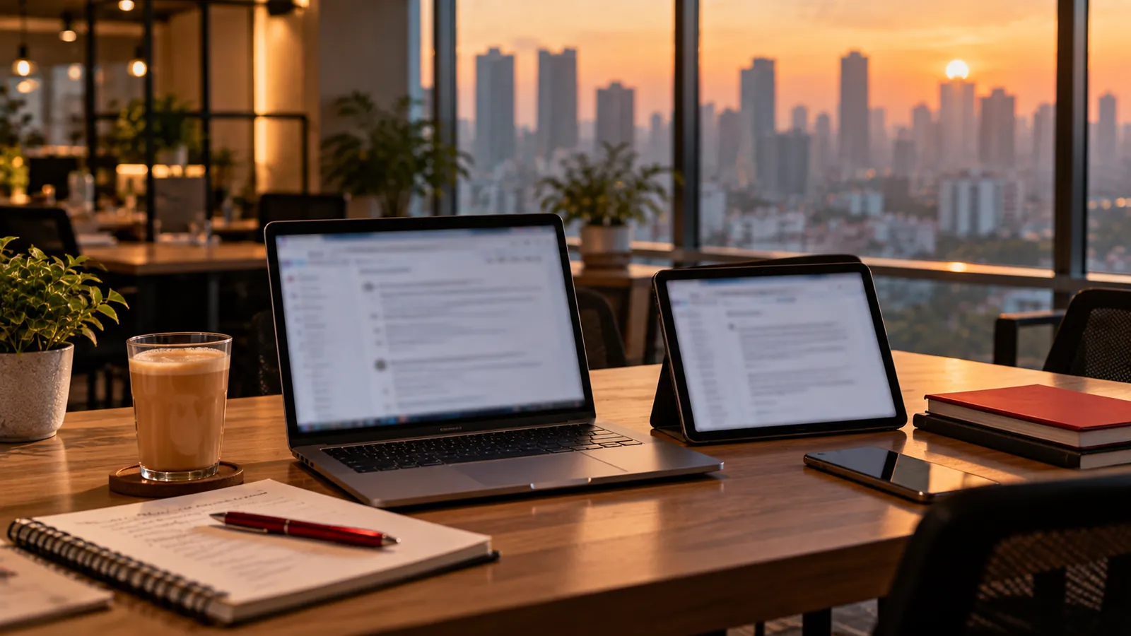 Illustration: A Kuala Lumpur co-working desk with a laptop and tablet showing AI answers at sunset.