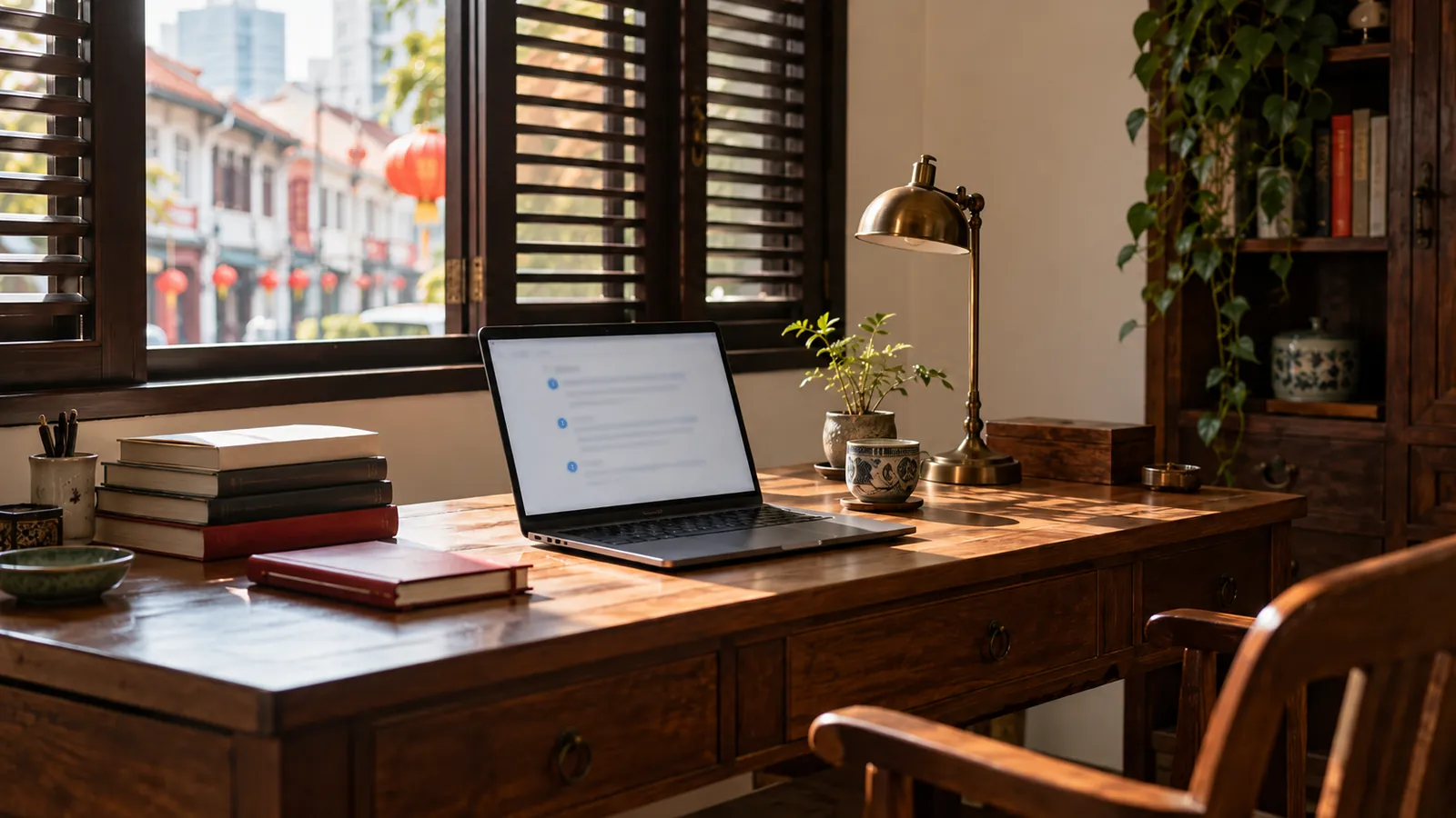 Illustration: A laptop on a shophouse desk showing an AI-generated answer with sources, illustrating generative engine optimisation.