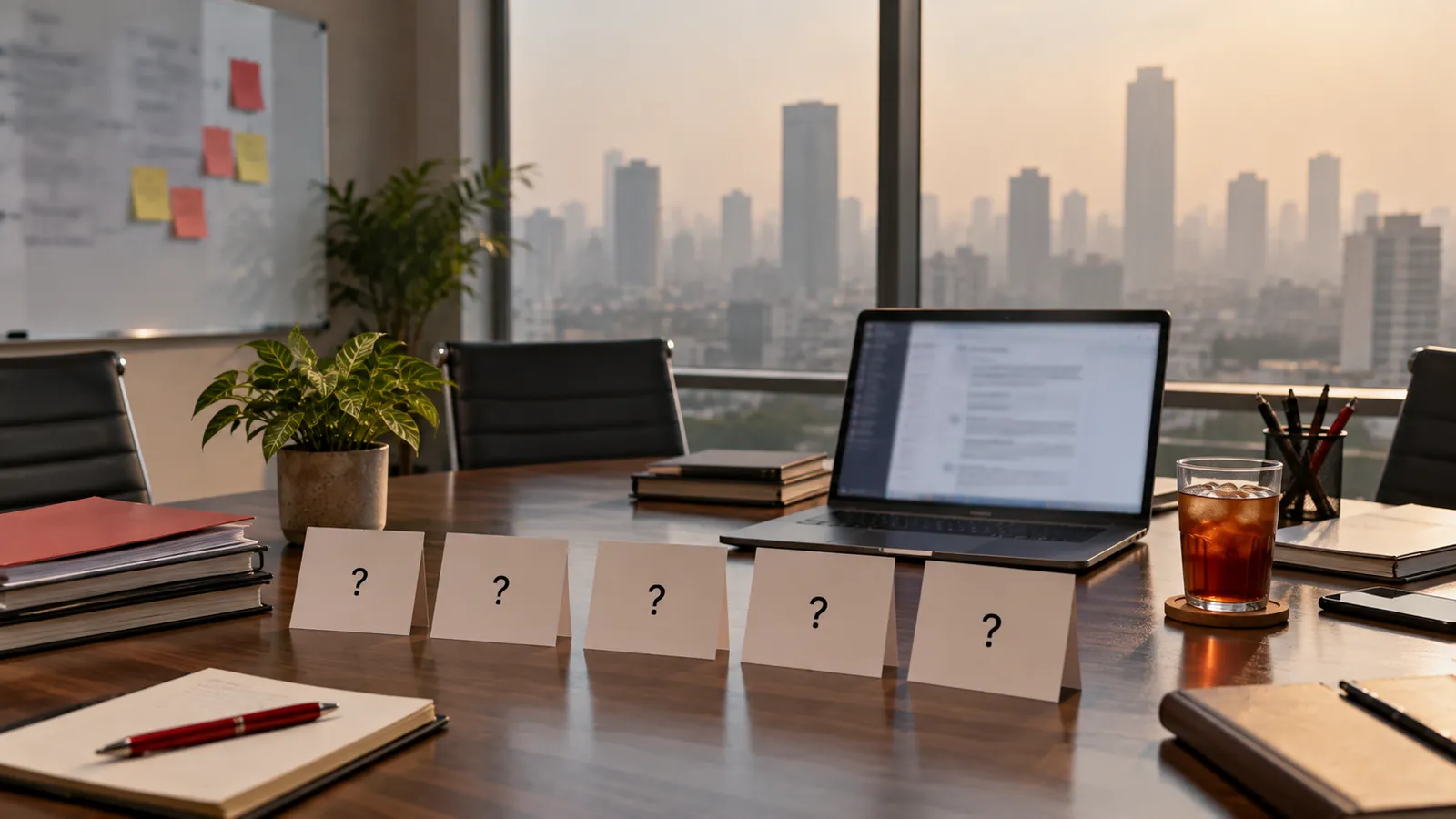 Illustration: A Jakarta meeting room with question cards and a laptop showing an AI answer, for choosing a GEO agency.
