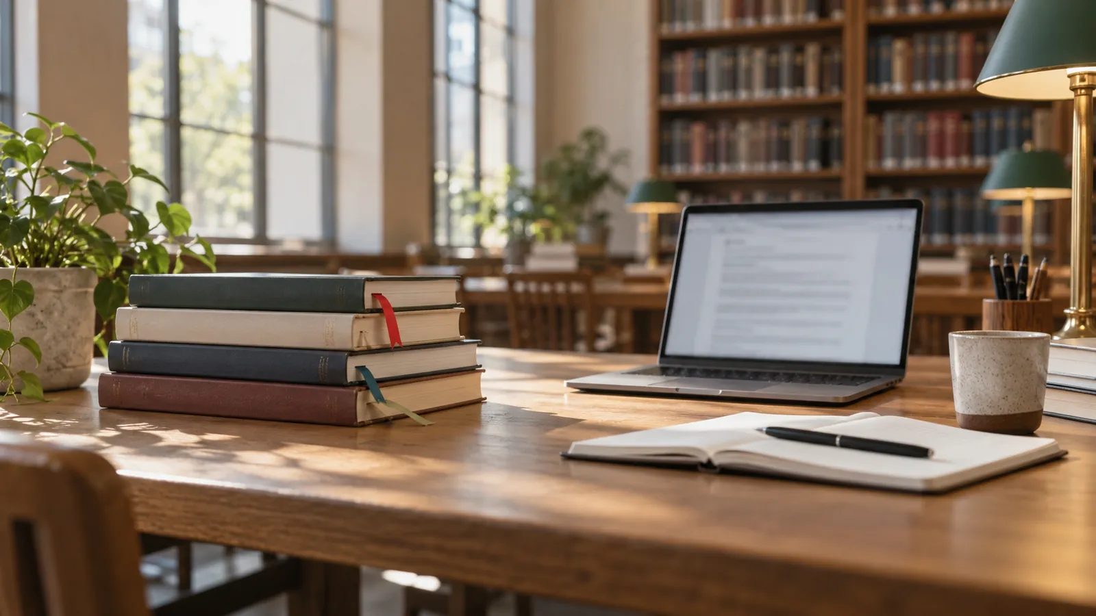 Illustration: A library table with bookmarked books and a laptop of citations, representing AI search citations.