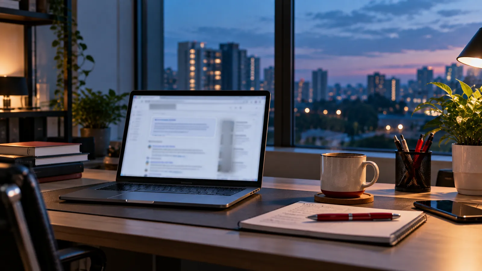 Illustration: A laptop showing search results with a summary box at the top on an office desk at dusk.