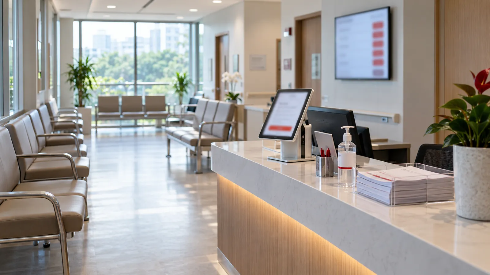 Illustration: An empty medical-centre reception with waiting chairs and a check-in tablet, representing healthcare SEO.