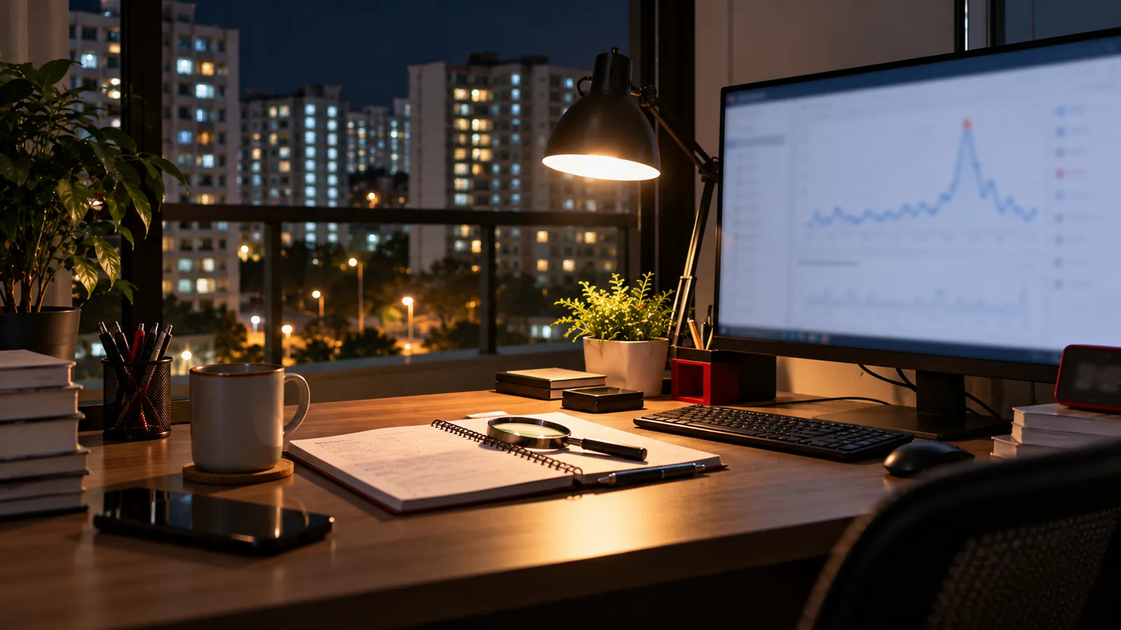 Illustration: A monitor showing a sharp spike on a line chart beside a magnifying glass, for reading trending keywords.