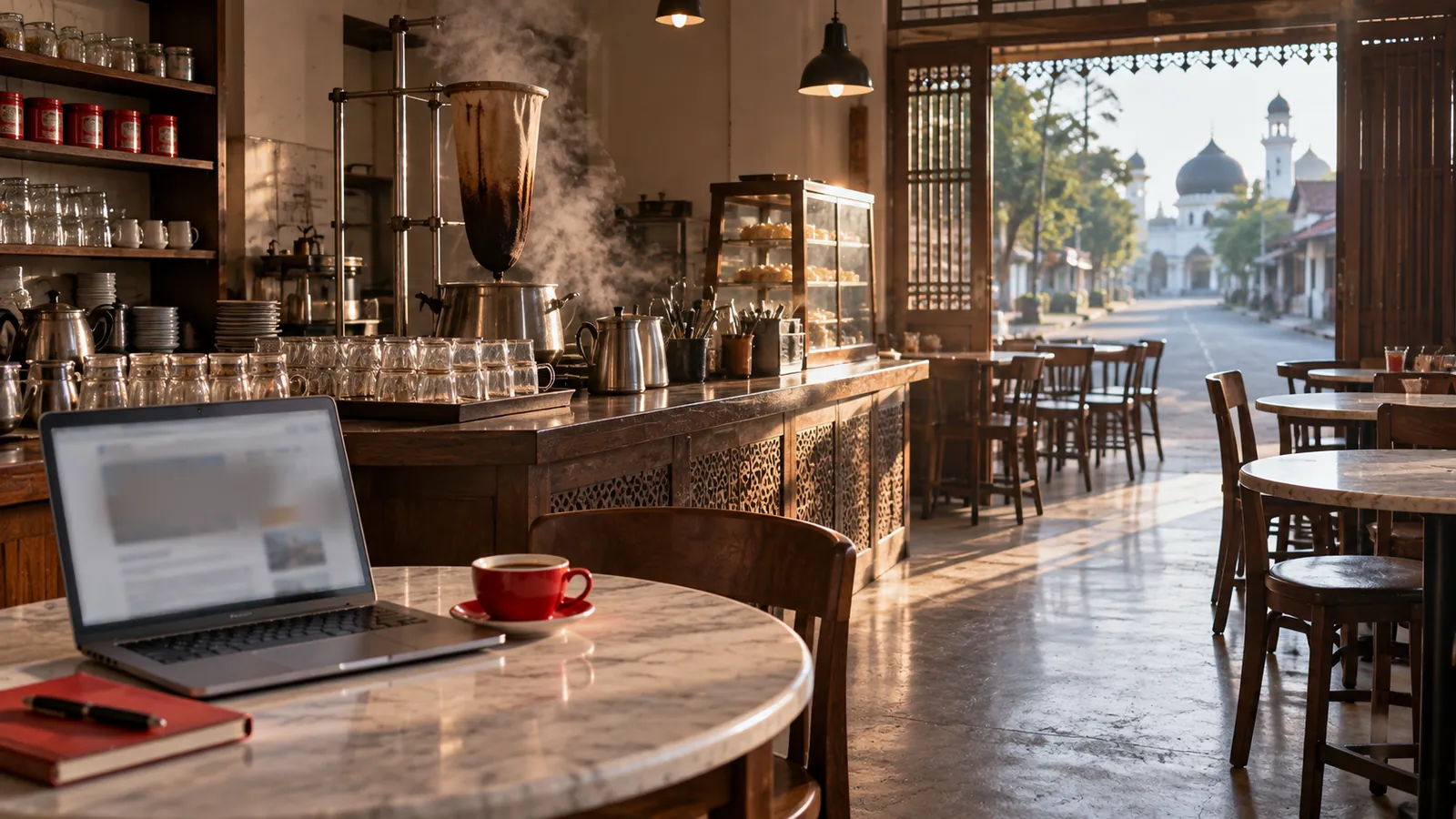Ilustrasi: Kedai kopi di Banda Aceh dengan saringan kopi kain dan laptop di meja marmer.