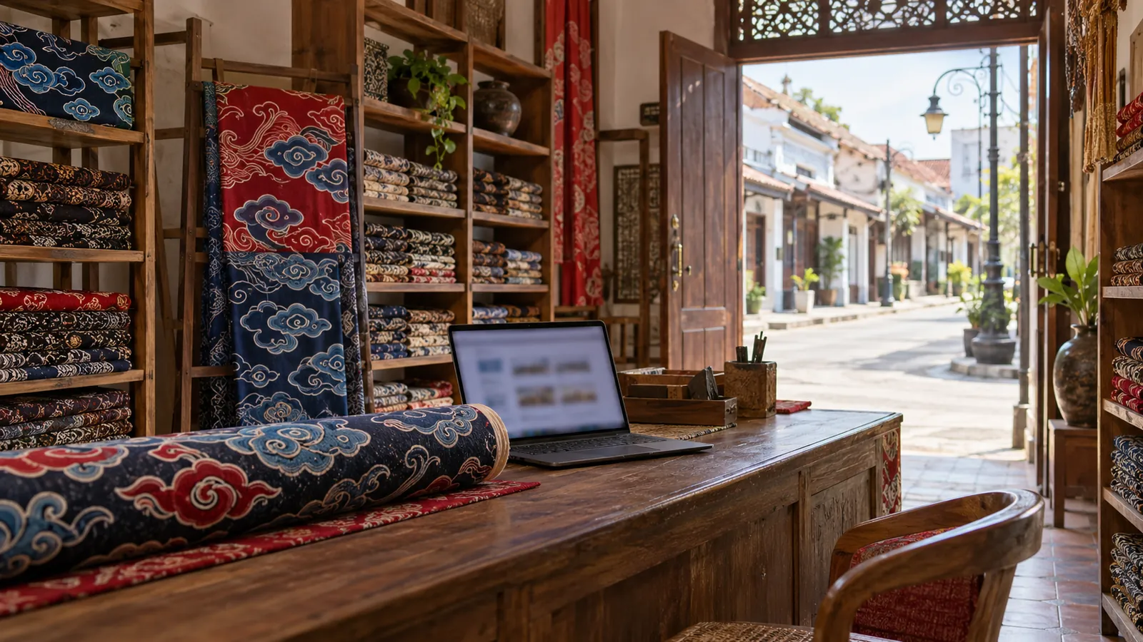 Ilustrasi: Toko batik di Cirebon dengan kain bermotif megamendung di rak kayu dan laptop di meja kasir.