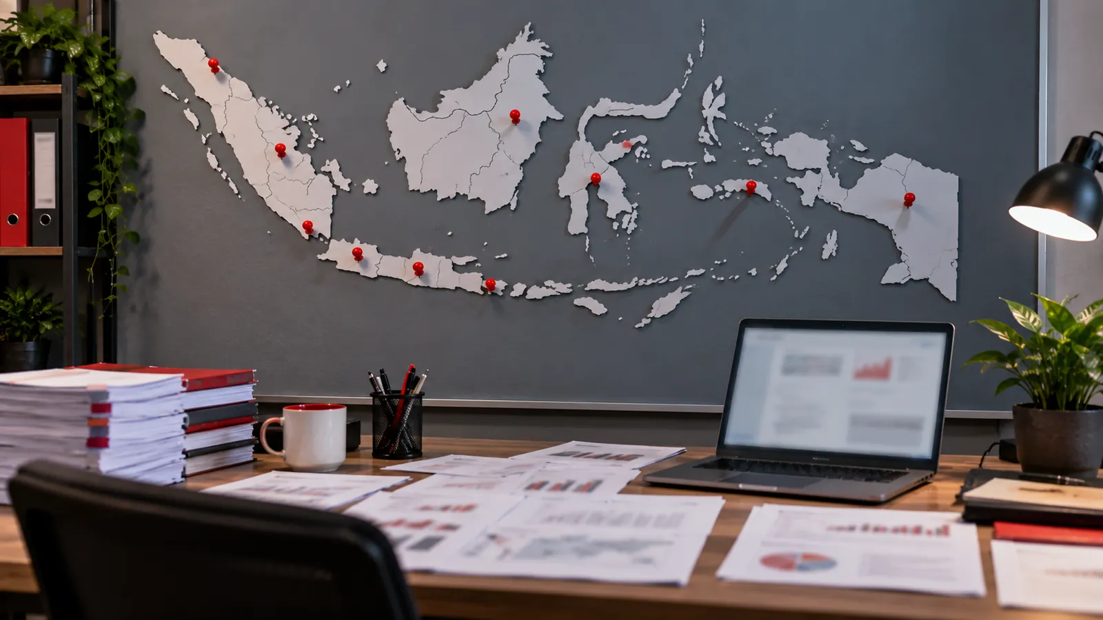 Ilustrasi: Peta kepulauan Indonesia dengan sembilan pin merah di atas meja riset berisi cetakan dan laptop.