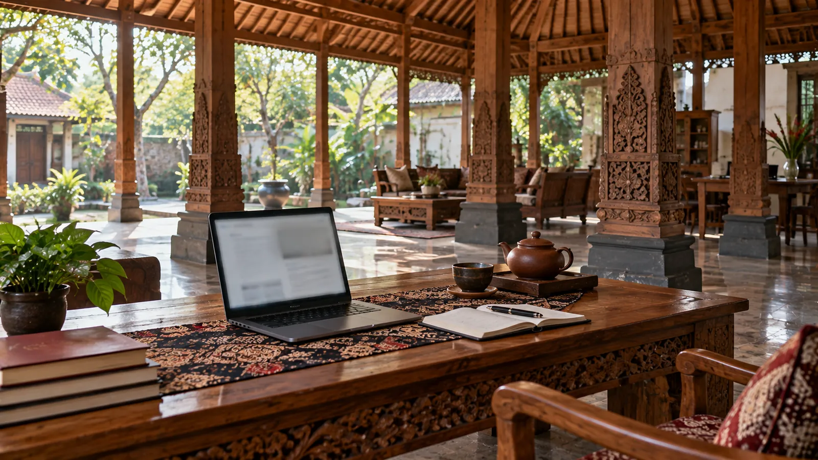 Ilustrasi: Kantor bergaya joglo di Solo dengan tiang kayu ukir dan laptop di meja jati.