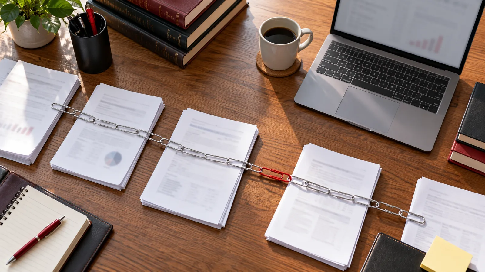 Illustration: Printed pages joined by a chain of paper clips on a desk, representing link building.