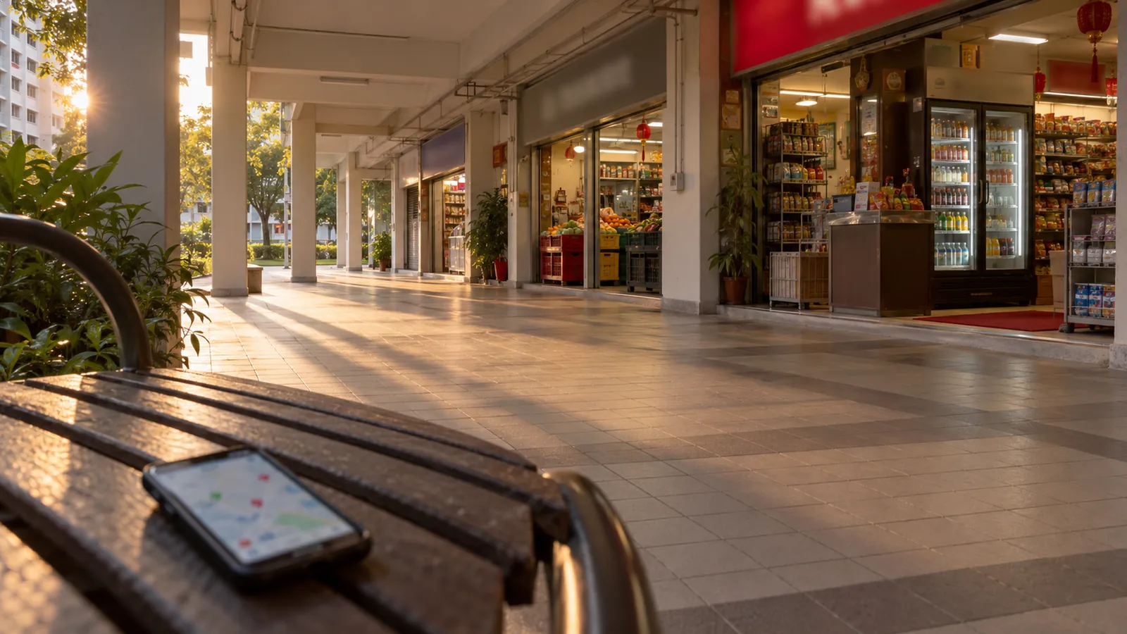 Illustration: A row of heartland shops with a phone on a bench showing map pins, representing local SEO.