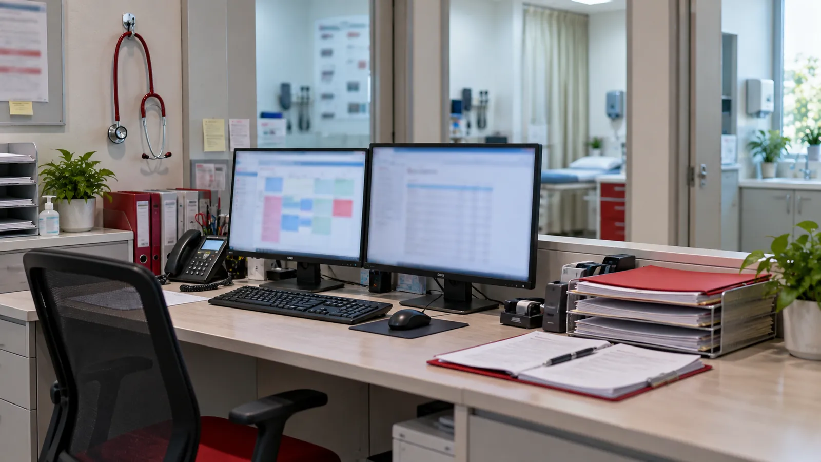 Illustration: A clinic administration desk with monitors, a headset and patient folders.