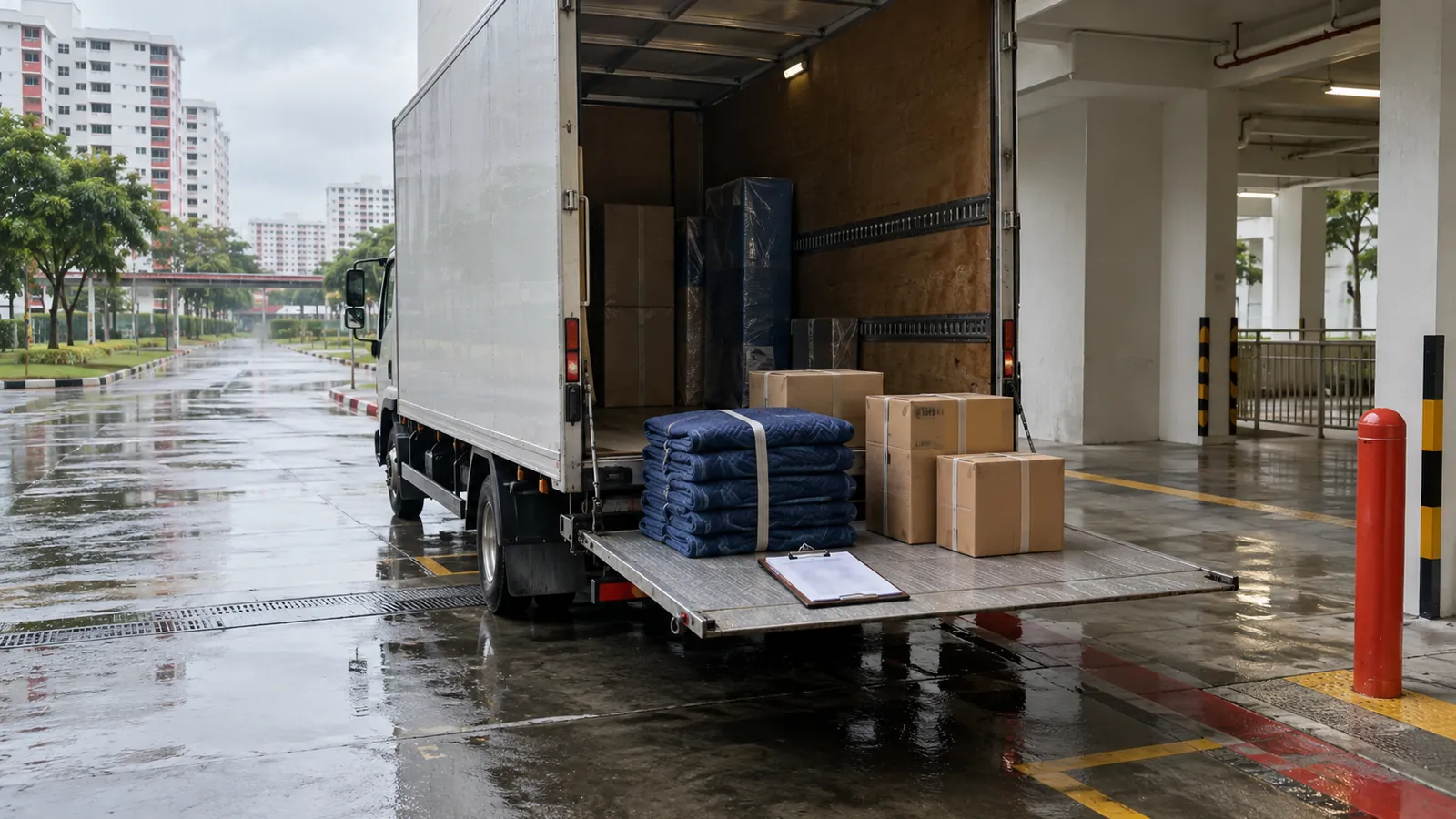 Illustration: A moving lorry with its tail lift down at an HDB loading bay, with boxes and a quote on a clipboard.