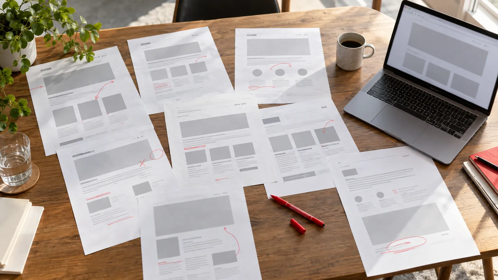 Ilustrasi: Cetakan tata letak halaman web dengan coretan pena merah, menggambarkan perbaikan on-page SEO.