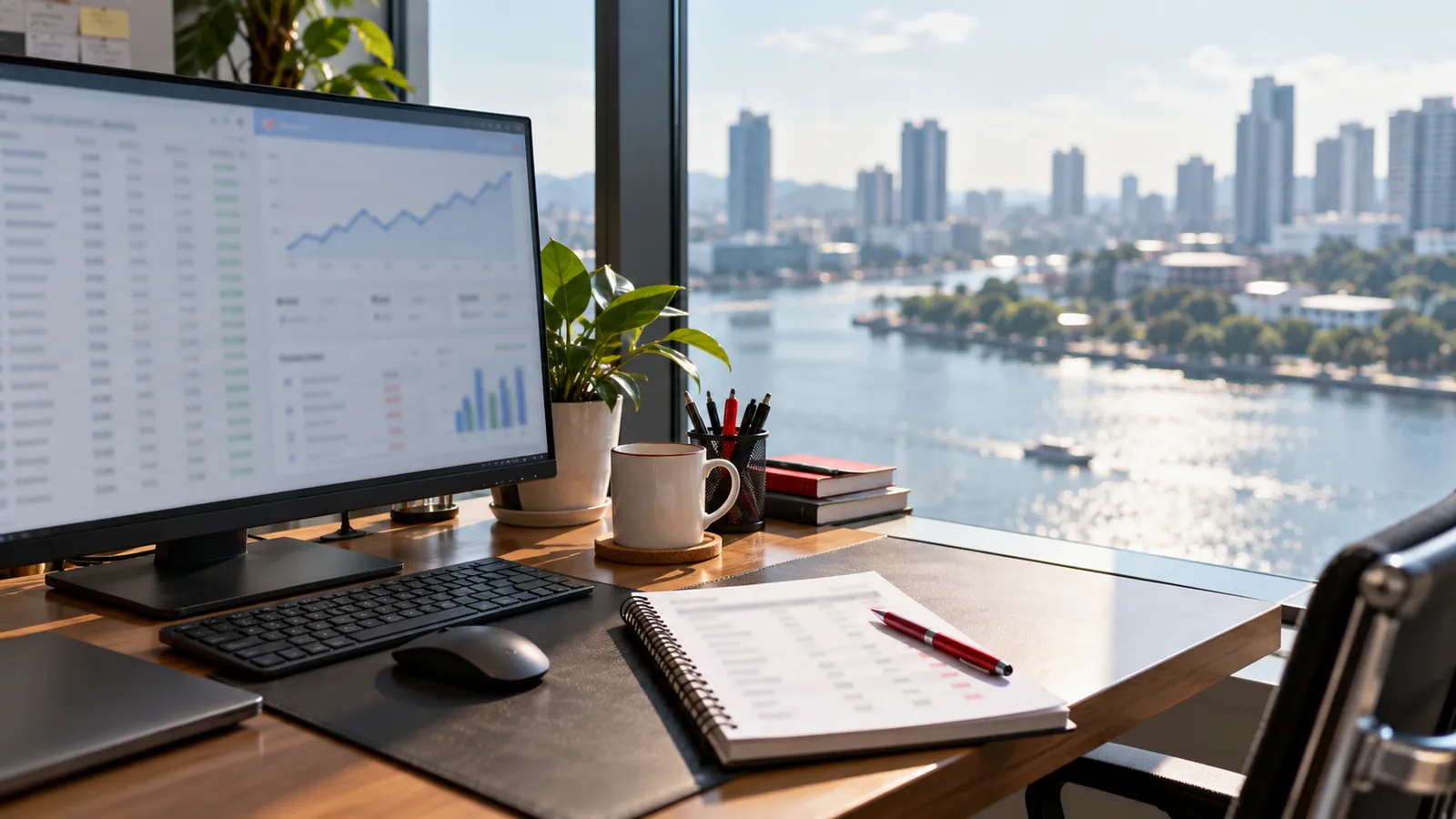 Illustration: A monitor showing a rankings chart on a desk overlooking the Singapore River.