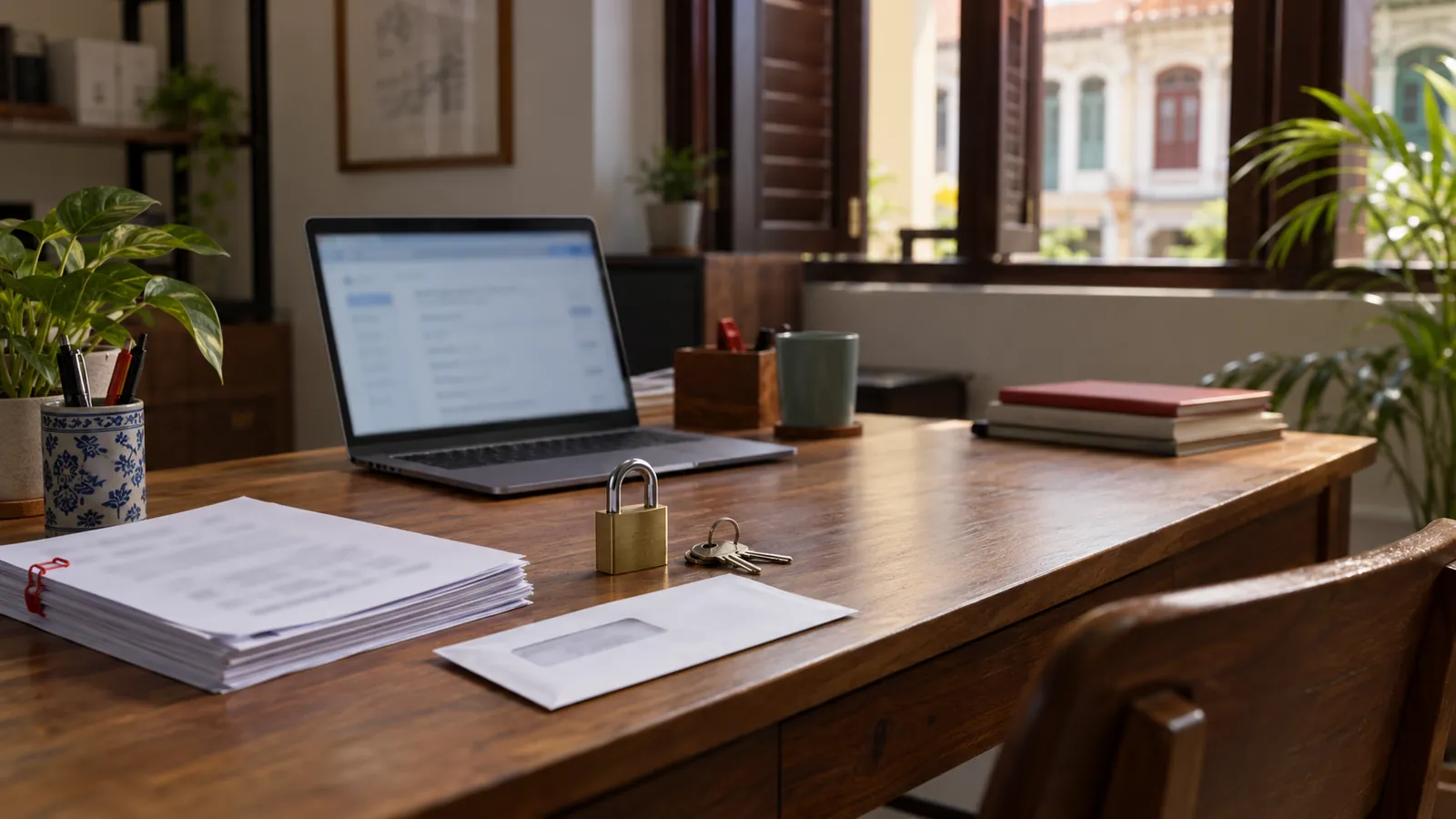 Illustration: A desk with a padlock, keys and company papers, suggesting the steps to recover Google Business Profile ownership.