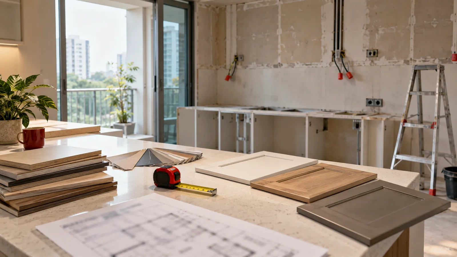 Illustration: A condo kitchen being refitted with material samples and a tape measure on the countertop.