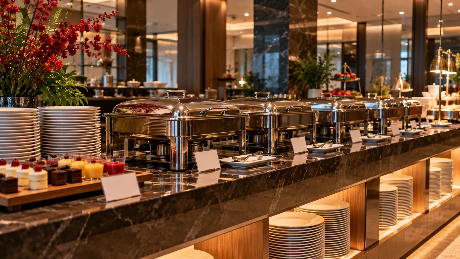 Illustration: A hotel buffet counter with covered dishes and blank price cards before service, linked to buffet price searches.