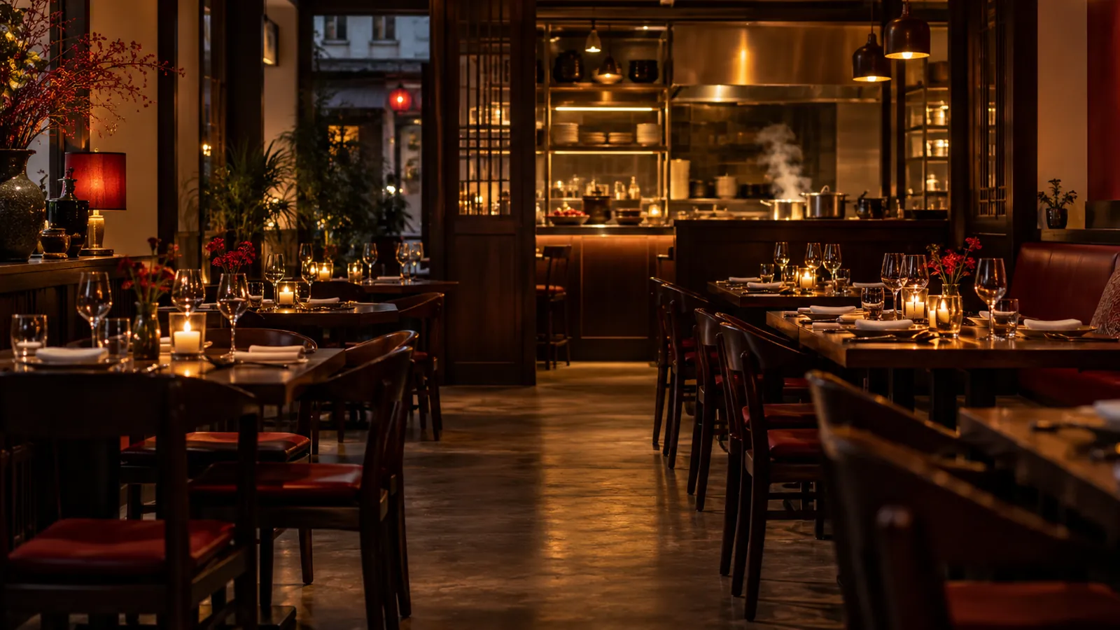 Illustration: A shophouse restaurant at evening with set tables and an open kitchen glowing at the back.