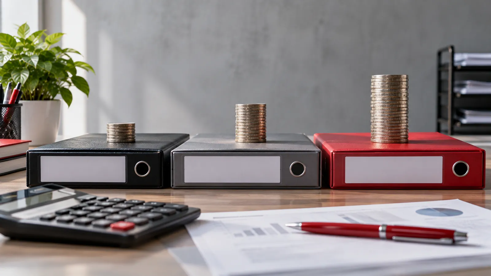 Illustration: Three folders with coin stacks of rising height, representing SEO, AEO and GEO pricing tiers.