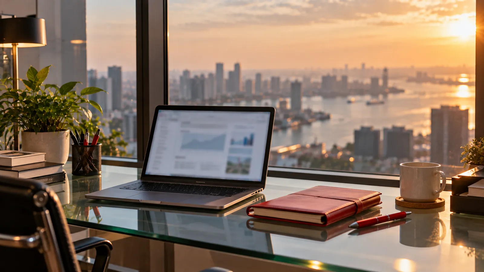 Illustration: A high-floor CBD office desk facing Marina Bay at golden hour in Central Singapore.