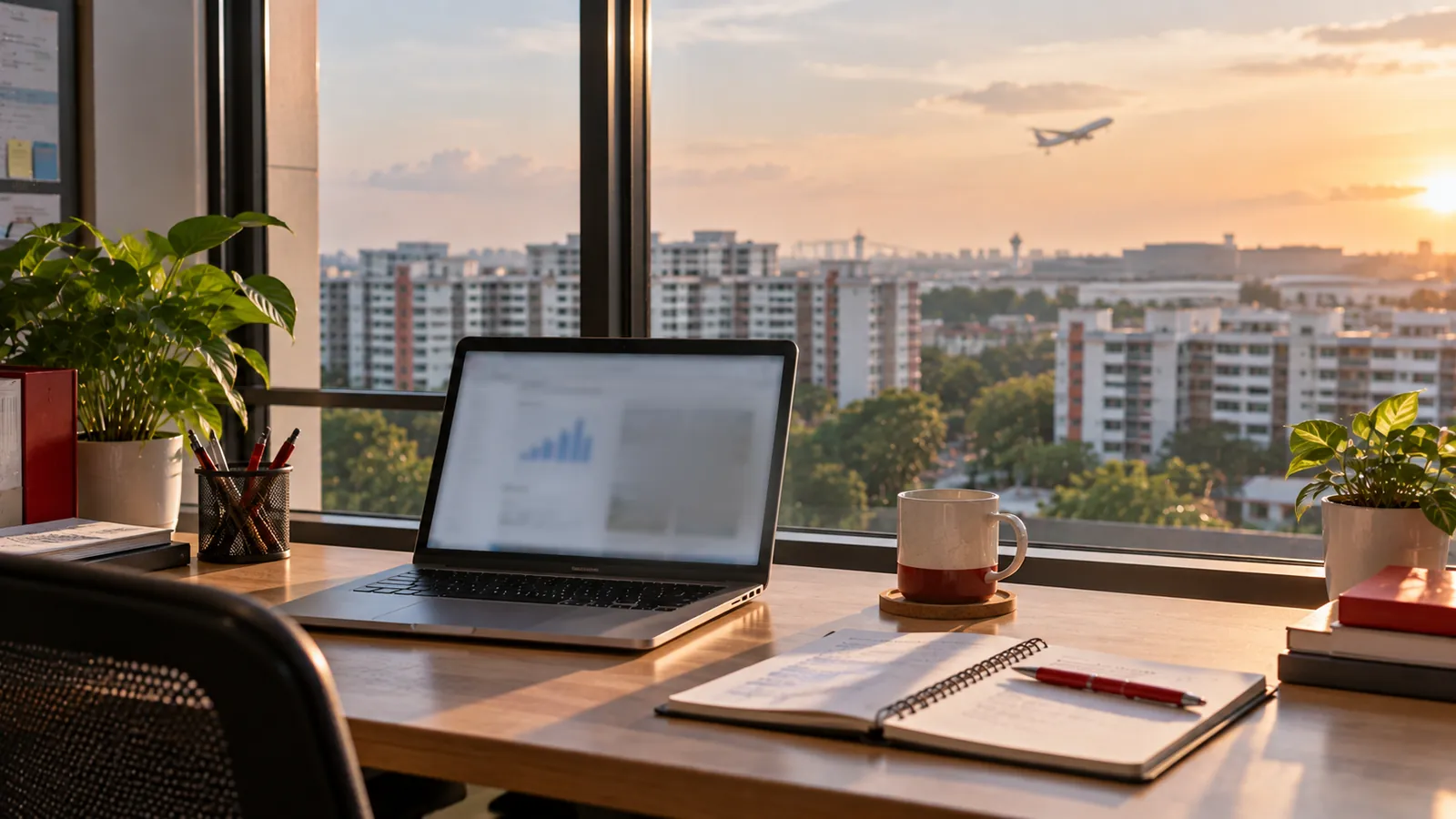 Illustration: A Tampines office desk with a laptop and a plane in the sky beyond, in East Singapore.