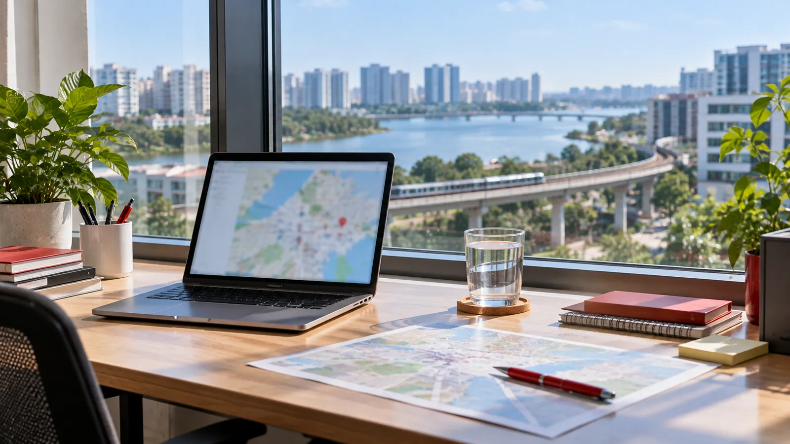 Illustration: A Punggol office desk overlooking the waterfront and LRT in North-East Singapore.