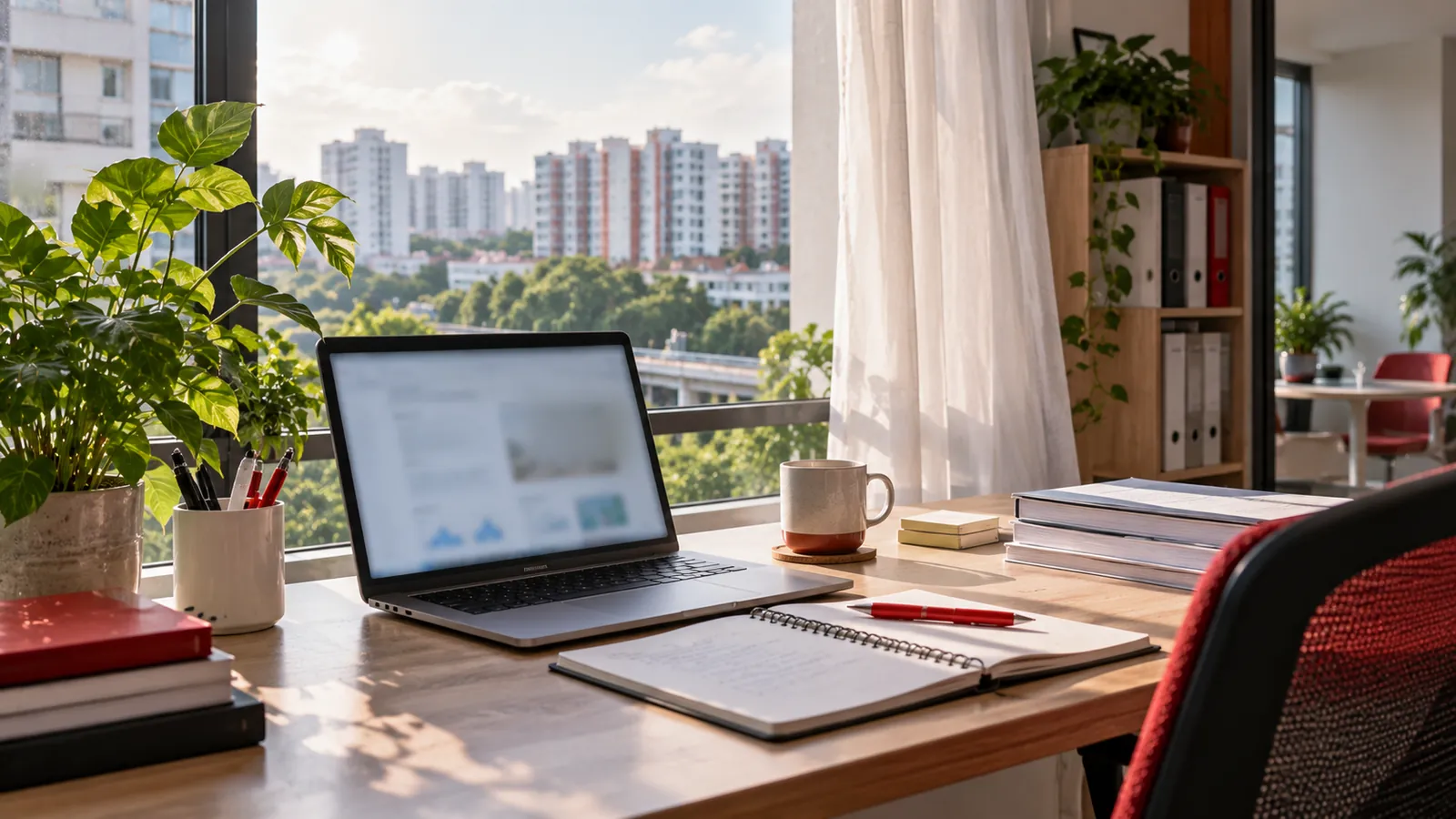 Illustration: A Woodlands shop-office desk with a laptop overlooking HDB blocks in North Singapore.