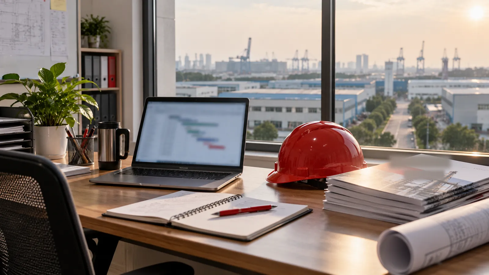Illustration: A Jurong office desk with a laptop and hard hat, overlooking factories in West Singapore.