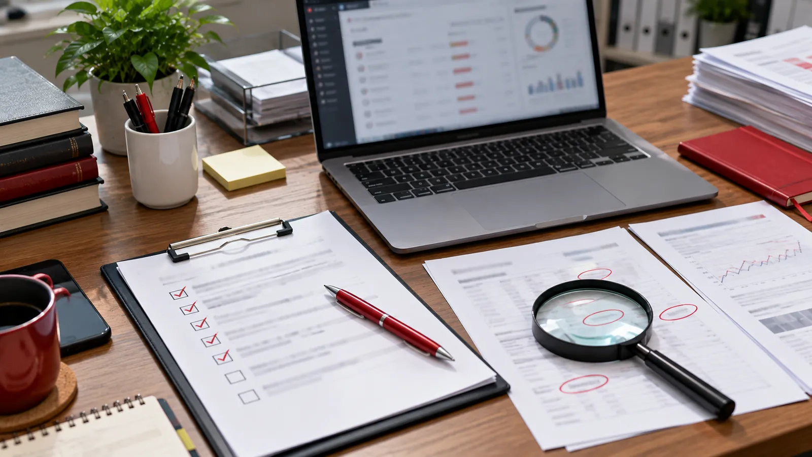 Illustration: A clipboard checklist, magnifying glass and laptop crawl report during an SEO audit.