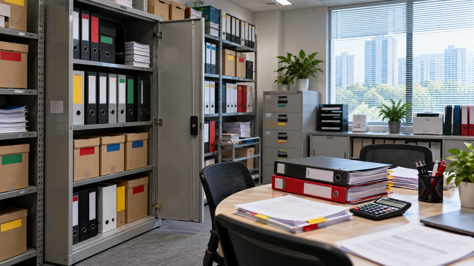 Illustration: An accounting firm filing room with archive boxes, year-end binders and a calculator.